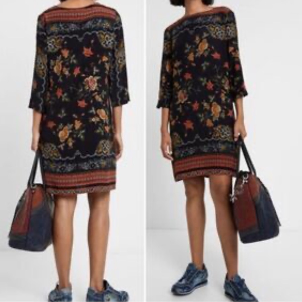 Desigual Floral Shift Dress 3/4 sleeve black Boho size small (38)